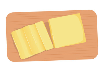 Top view pieces of butter, margarine, spreads and dairy products on a wooden cutting board isolated on white background. Flat vector illustration.