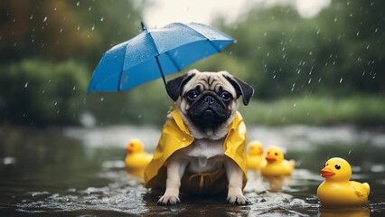 dog with umbrella A pug puppy with a playful frown, wearing a tiny raincoat and holding an umbrella, sitting in a puddle with rubber ducks duck duckies - obrazy, fototapety, plakaty