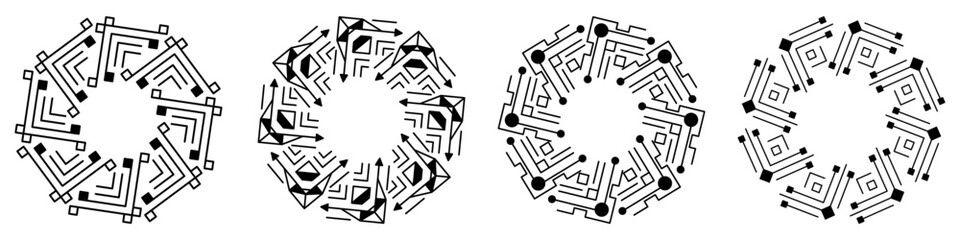 Abstract geometric design featuring a circle swirl shape with spiral lines. Radial spinning halftone form. For posters, banners, logos, icons, presentations, and booklets. Vector illustration.