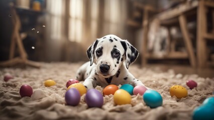puppy with easter eggs A playful Dalmatian puppy wearing bunny ears, sitting amidst a comical mess of spilled eggs  - obrazy, fototapety, plakaty