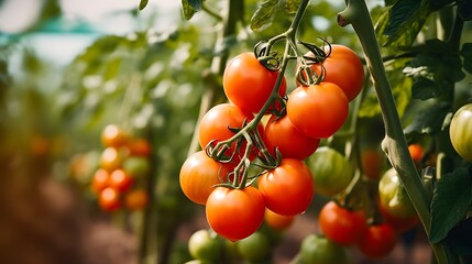 Close up of ripe tomatoes plant growing in greenhouse with copy space
