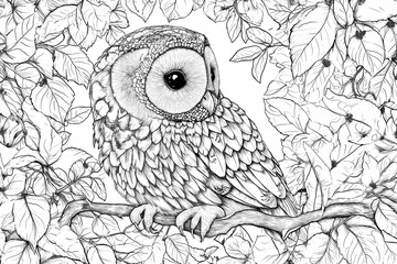Fototapeta premium Black and white illustration for coloring birds, owl in the wood. Animal Coloring Page.