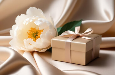 On a silk beige sheet there is a gift box next to a peony flower.