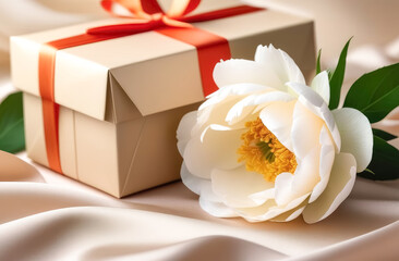 On a silk beige sheet there is a gift box next to a peony flower.
