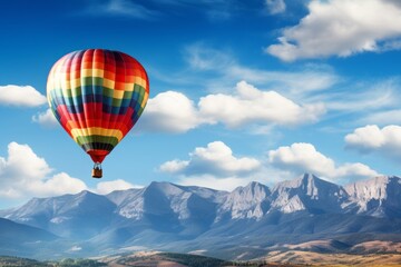 Colorful hot air balloon floating in the sky above the and mountains, wallpaper background, copy space
