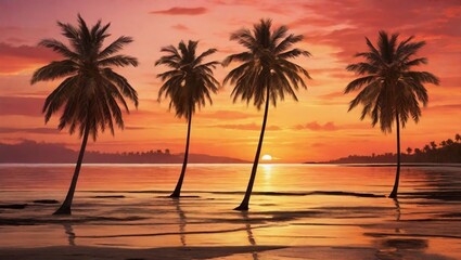 a breathtaking sunset over a tropical paradise, where the sky is ablaze with a mesmerizing palette of oranges, pinks, and gold