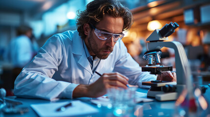scientist working intently with a microscope in a lab - obrazy, fototapety, plakaty