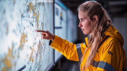 woman in a yellow jacket pointing at a large map Screen technology on the wall