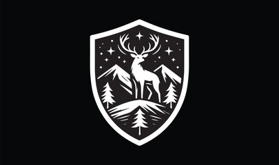 shield with wings, deer in mountain, trees stars