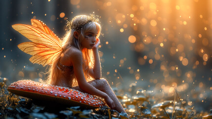 Beautiful young fairy nymph sitting on a toadstool in a magical enchanted forest