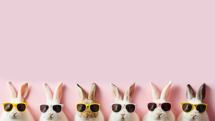 Row of cute Easter bunnies / rabbits wearing sunglasses against a pink background. Easter / spring theme background with copy space for text.