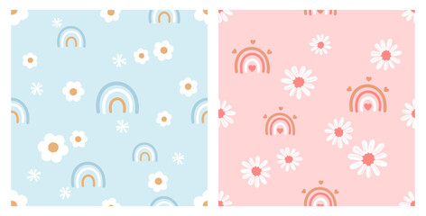 Seamless pattern with daisy flower and rainbow on blue and pink backgrounds vector illustration.