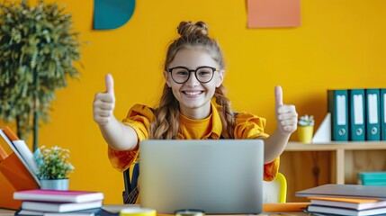 a girl sitting in the desk with a laptop on her lap showing thumbs up,  