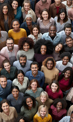 From above view of Large group of diverse ethnicity people looking up