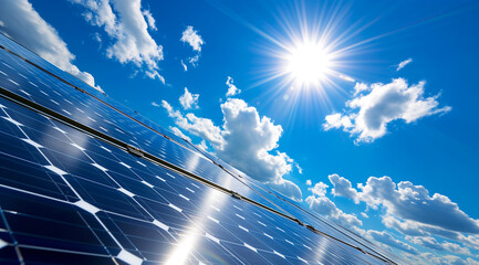 series of solar panels with the bright sun shining in a clear blue sky dotted with white clouds - obrazy, fototapety, plakaty