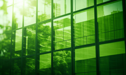 Green business concept with glass windows of corporate building glowing in green light