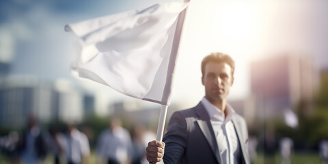 Business man waving white flag , truce concept - obrazy, fototapety, plakaty