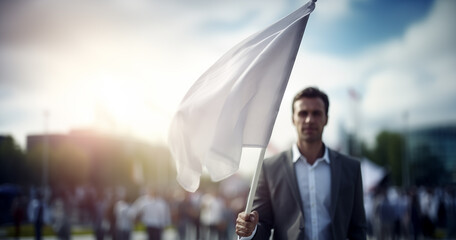 Business man waving white flag , truce concept - obrazy, fototapety, plakaty