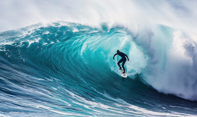 Silhouette of surfer riding big wave barrel - obrazy, fototapety, plakaty