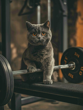 Obese cat training with weights in the gym