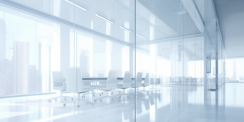 Empty Board room behind glass wall inn bright office building with white walls