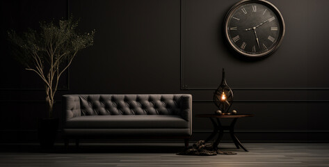 Minimalist living room interior with black wall, concrete floor and black vases with burning candles. 3d rendering,Black living room interior with a sofa and a clock - 3d render
