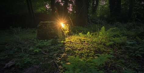 Sunset in a dark forest with moss and ferns in summer