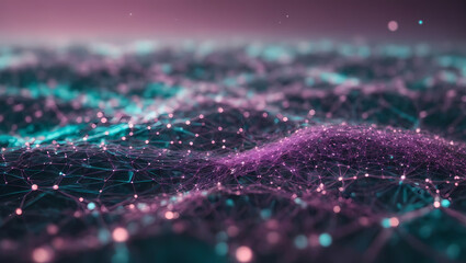 Subdued mauve and muted teal abstract technology background with a cyber network grid and interconnected particles. Artificial neurons and calming global data connections. - obrazy, fototapety, plakaty