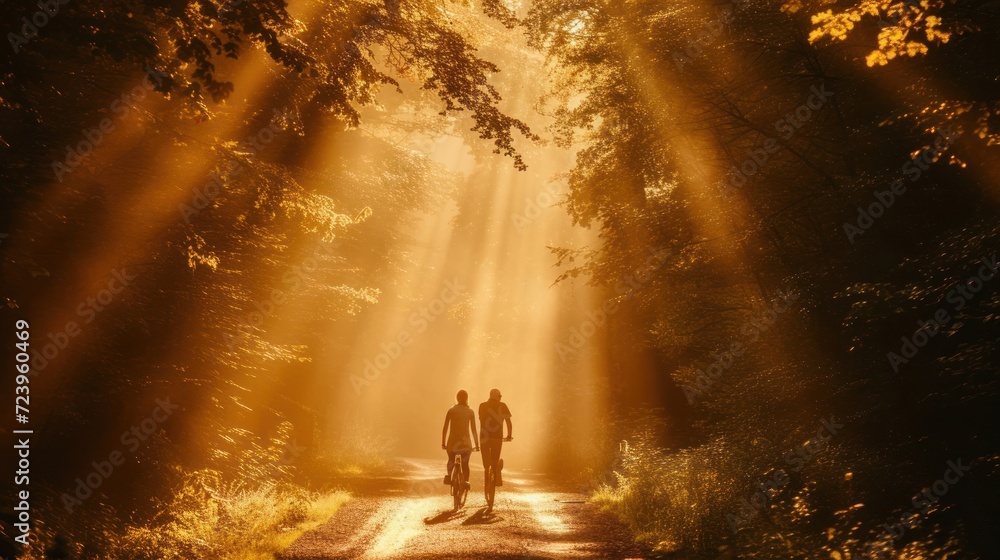 Poster two people walking down a path in the middle of a forest generative ai