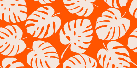 Monstera leaves seamless pattern, hand drawn tropical botanical, spring and Summer time, flat style, natural ornaments for textile, fabric, wallpaper, background. Vector illustration. © Udomdech