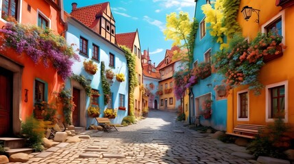Colorful street in the old town of Cesky Krumlov, Czech Republic