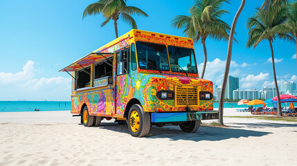 colorful food truck with psychedelic patterns stands on a sunny beach with palm trees and a clear blue ocean in the background