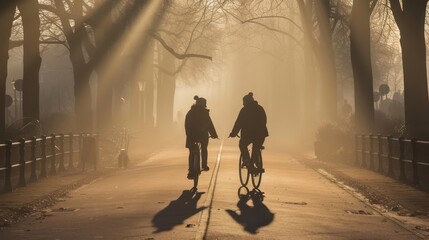 Two People Riding Bicycles Down a Foggy Street Generative AI - obrazy, fototapety, plakaty