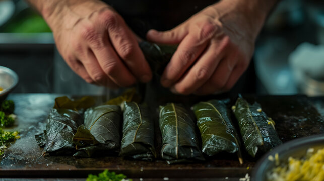 Chef's Craft Preparing Traditional Greek Dolmadakia with Precision