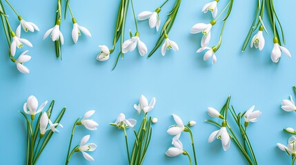Creative layout made with snowdrop flowers on bright blue background. Flat lay.  