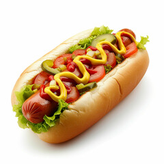 Hot dog with bun close up on white background. Made with generative ai