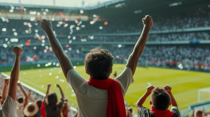 Fototapeta na wymiar Soccer Stadium Celebration, Unrecognizable Fans Raising Arms in Victory