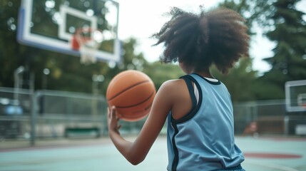 Naklejka premium Basketball Practice, African American Girl Bouncing Ball in Uniform