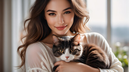 Woman smiling while holding a fluffy cat, radiating love and friendship with her captivating eyes and the adorable feline companion