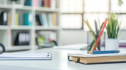 Cropped Shot of a Cozy Study Room with White Table, Books, and Stationery