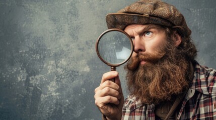 Bearded Man Examining Clues With a Magnifying Glass Generative AI - obrazy, fototapety, plakaty