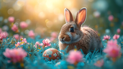 Fototapeta na wymiar Rabbit Sitting in a Field of Flowers