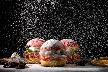 Shu cake. Custard dessert with creamy white cream, decorated with raspberries. Decorating with...