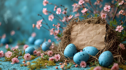 Fototapeta na wymiar Nest With Eggs Surrounded by Pink Flowers