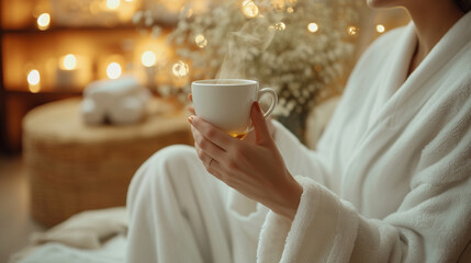 Woman drinking herbal tea after spa treatment.  - obrazy, fototapety, plakaty
