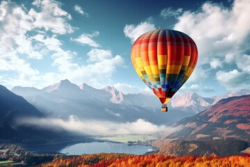 Fototapeta premium Colorful hot air balloon floating in the clear sky above the lake and mountains