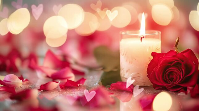 Valentines day romantic background - red roses, candle and hearts Seamless looping 4k time-lapse virtual video animation background. Generated AI
