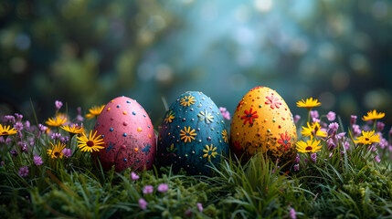 Group of Painted Eggs on Lush Green Field