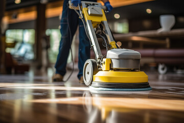 Fototapeta premium Worker polishing hard floor with high speed polishing machine 