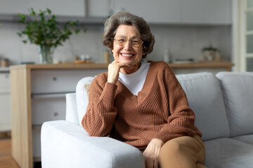 Portrait of happy european retired woman in eyewear relaxing on comfy sofa in living room, smiling...